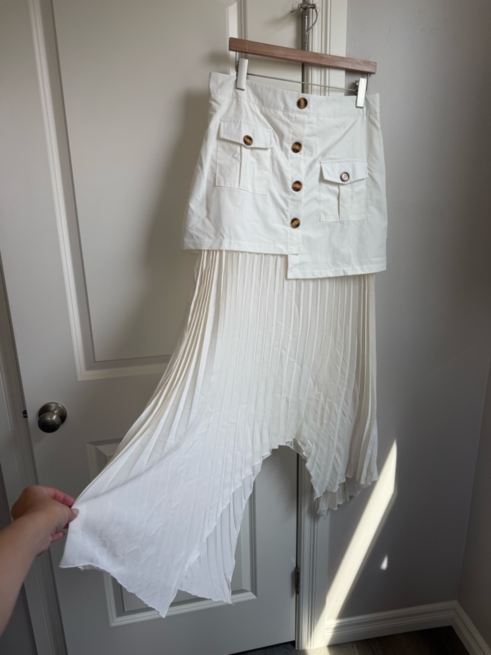 White Asymmetric Pleated Midi Skirt with Button Front